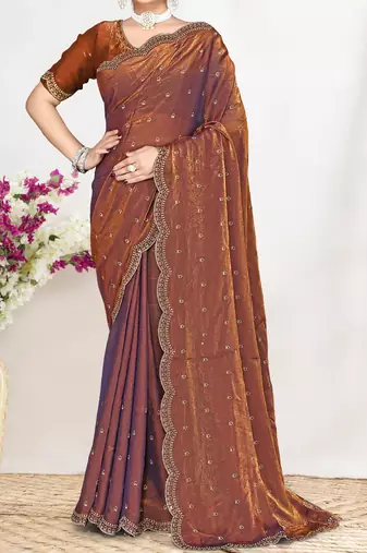 rust satin designer silk saree with heavy zarkan work