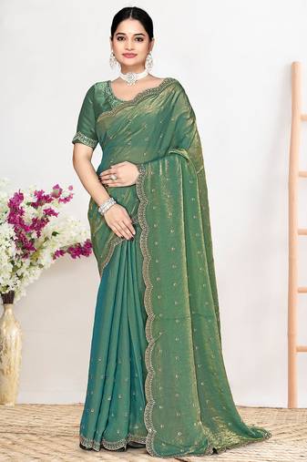 Designer ice blue heavy zarkan work satin silk saree