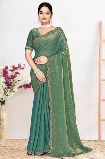 Designer ice blue heavy zarkan work satin silk saree