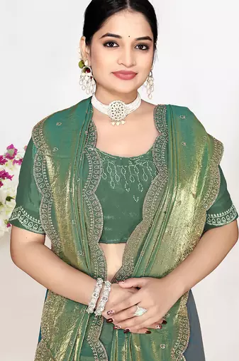 ice blue satin designer silk saree with heavy zarkan work