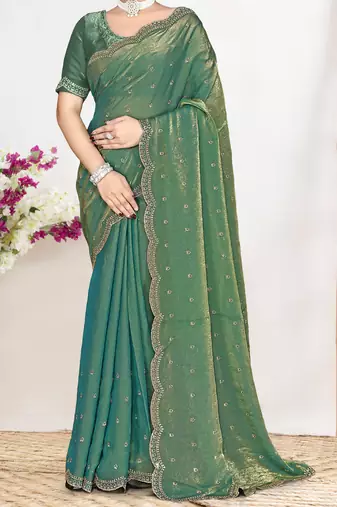 ice blue satin designer silk saree with heavy zarkan work