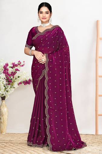 wine satin silk saree with heavy zarkan embroidery