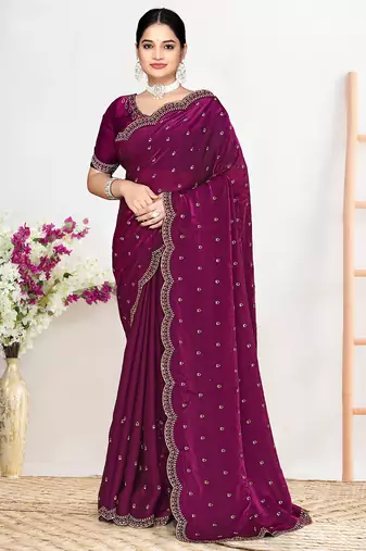 Designer wine heavy zarkan work satin silk saree