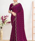 Designer wine heavy zarkan work satin silk saree