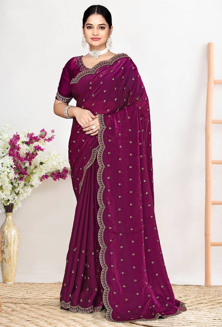 Designer wine heavy zarkan work satin silk saree