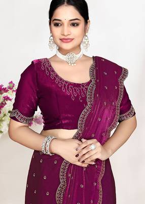 wine satin silk saree with heavy zarkan embroidery 2