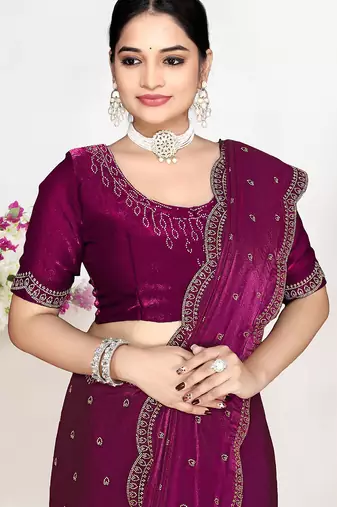wine satin silk saree with heavy zarkan embroidery
