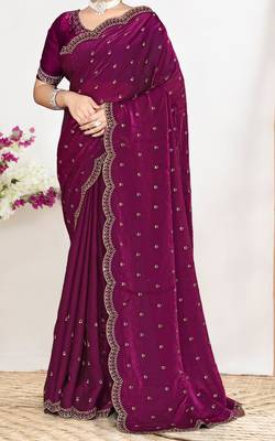 wine satin silk saree with heavy zarkan embroidery 3