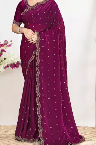 wine satin silk saree with heavy zarkan embroidery