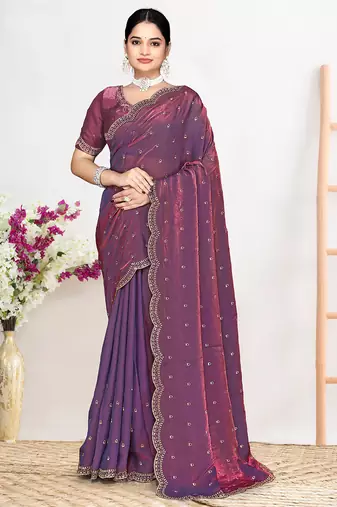 Designer purple heavy zarkan work satin silk saree