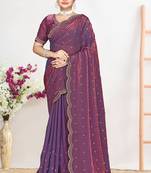 Designer purple heavy zarkan work satin silk saree