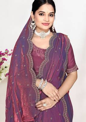 designer purple satin silk saree with heavy zarkan embroidery 2