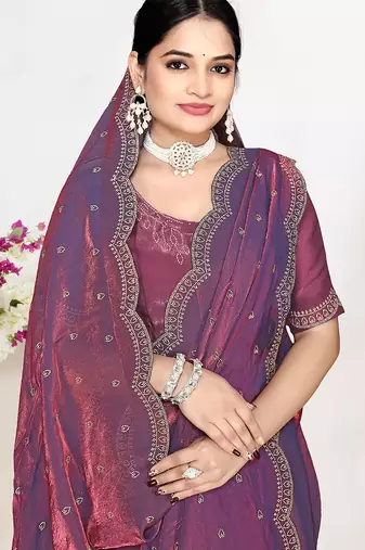 designer purple satin silk saree with heavy zarkan embroidery