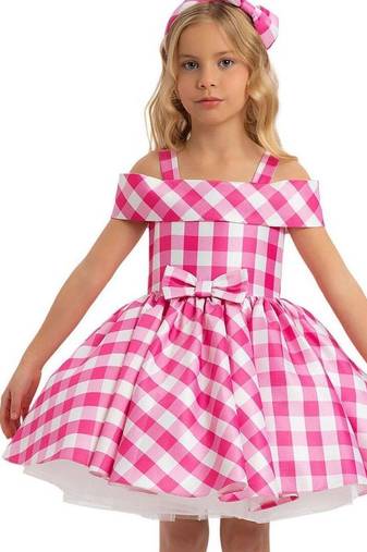 Pink checked print satin off-shoulder fit & flare kids dress
