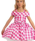 Pink checked print satin off-shoulder fit & flare kids dress