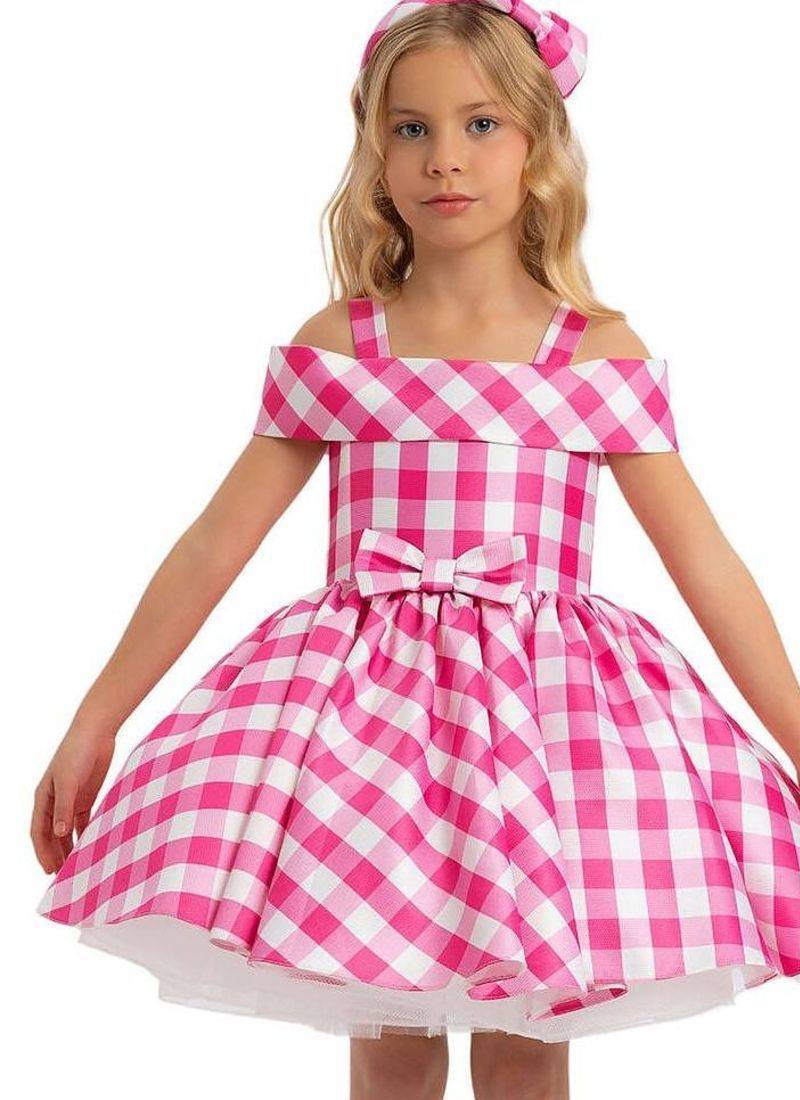 Pink checked print satin off-shoulder fit & flare kids dress