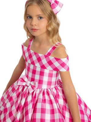 Pink checked print satin off-shoulder fit & flare kids dress 2