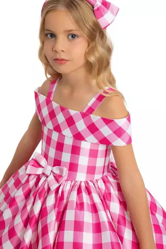 Pink checked print satin off-shoulder fit & flare kids dress