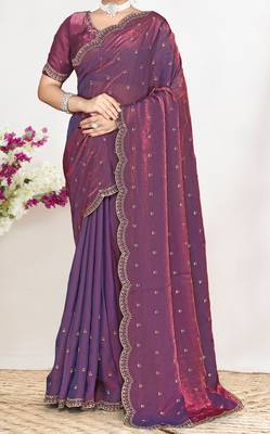 designer purple satin silk saree with heavy zarkan embroidery 3
