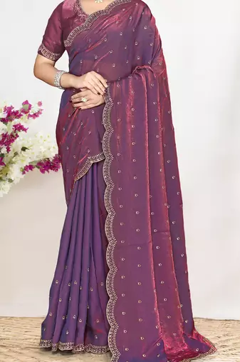 designer purple satin silk saree with heavy zarkan embroidery