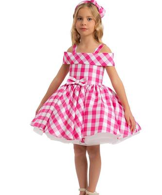 Pink checked print satin off-shoulder fit & flare kids dress 3