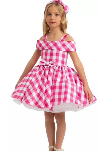 Pink checked print satin off-shoulder fit & flare kids dress