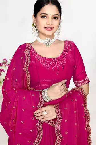 designer rani satin silk saree with heavy zarkan embroidery