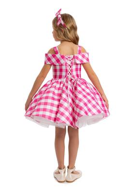 Pink checked print satin off-shoulder fit & flare kids dress 4