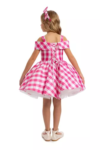 Pink checked print satin off-shoulder fit & flare kids dress