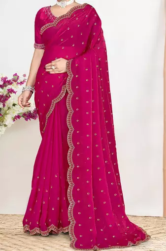 designer rani satin silk saree with heavy zarkan embroidery