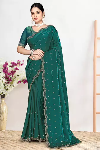 Designer rama green heavy zarkan work satin silk saree