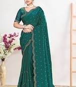 Designer rama green heavy zarkan work satin silk saree