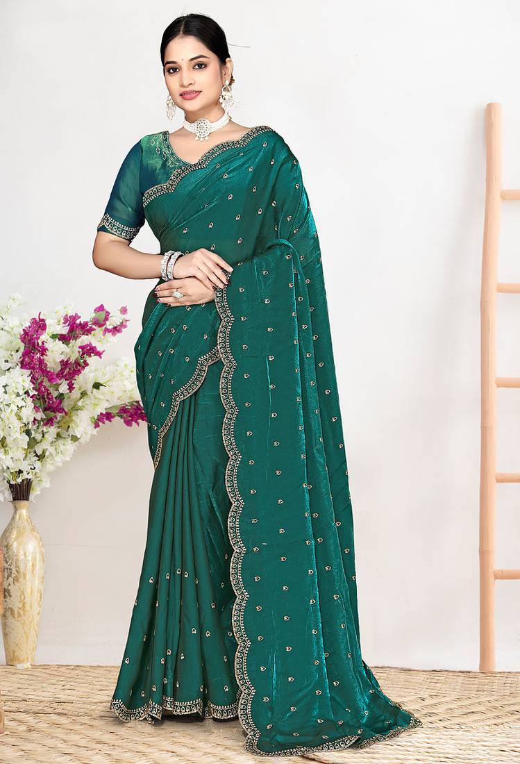 Designer rama green heavy zarkan work satin silk saree