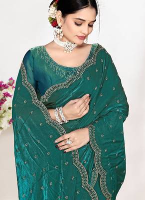 designer rama green satin silk saree with heavy zarkan work 2