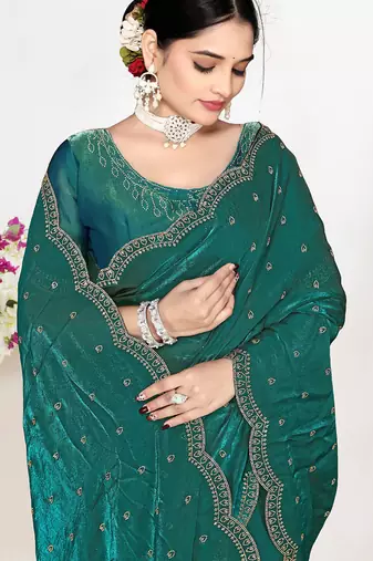 designer rama green satin silk saree with heavy zarkan work