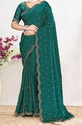 designer rama green satin silk saree with heavy zarkan work 3