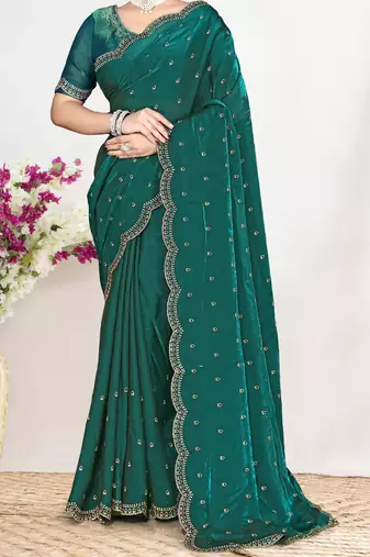 designer rama green satin silk saree with heavy zarkan work
