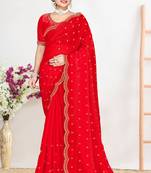 Designer red heavy zarkan work satin silk saree