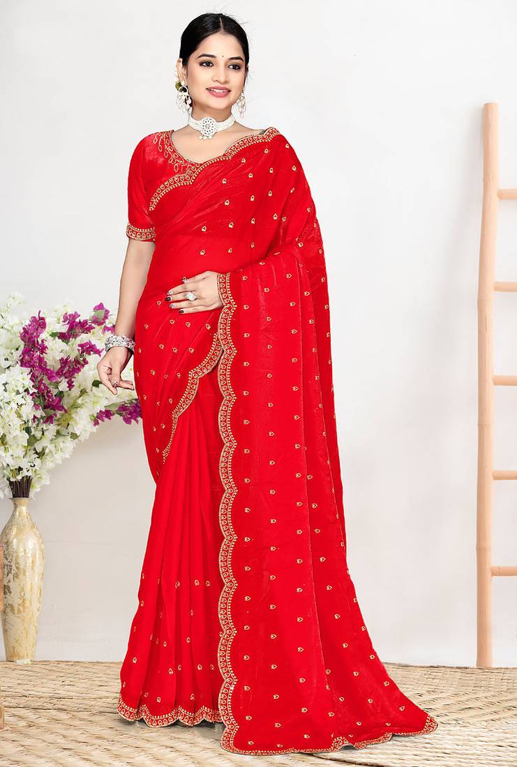 Designer red heavy zarkan work satin silk saree