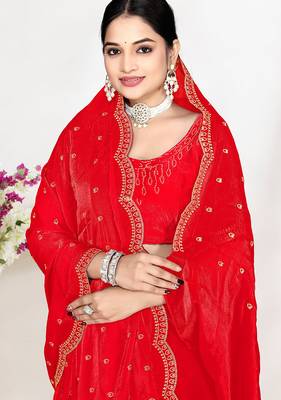 designer red satin silk saree with heavy zarkan embroidery 2