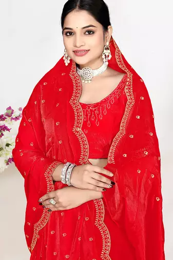 designer red satin silk saree with heavy zarkan embroidery