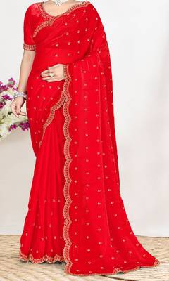 designer red satin silk saree with heavy zarkan embroidery 3