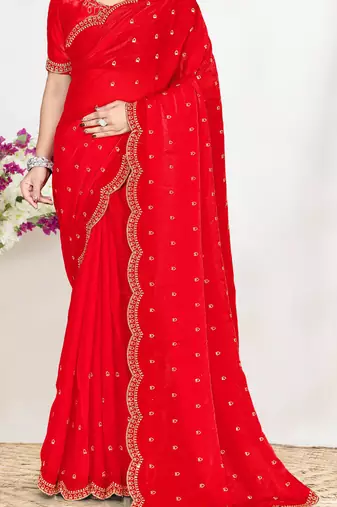 designer red satin silk saree with heavy zarkan embroidery