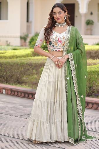 White Embroidery Zari Coding Sequins Work Lahenga Choli And Duptta