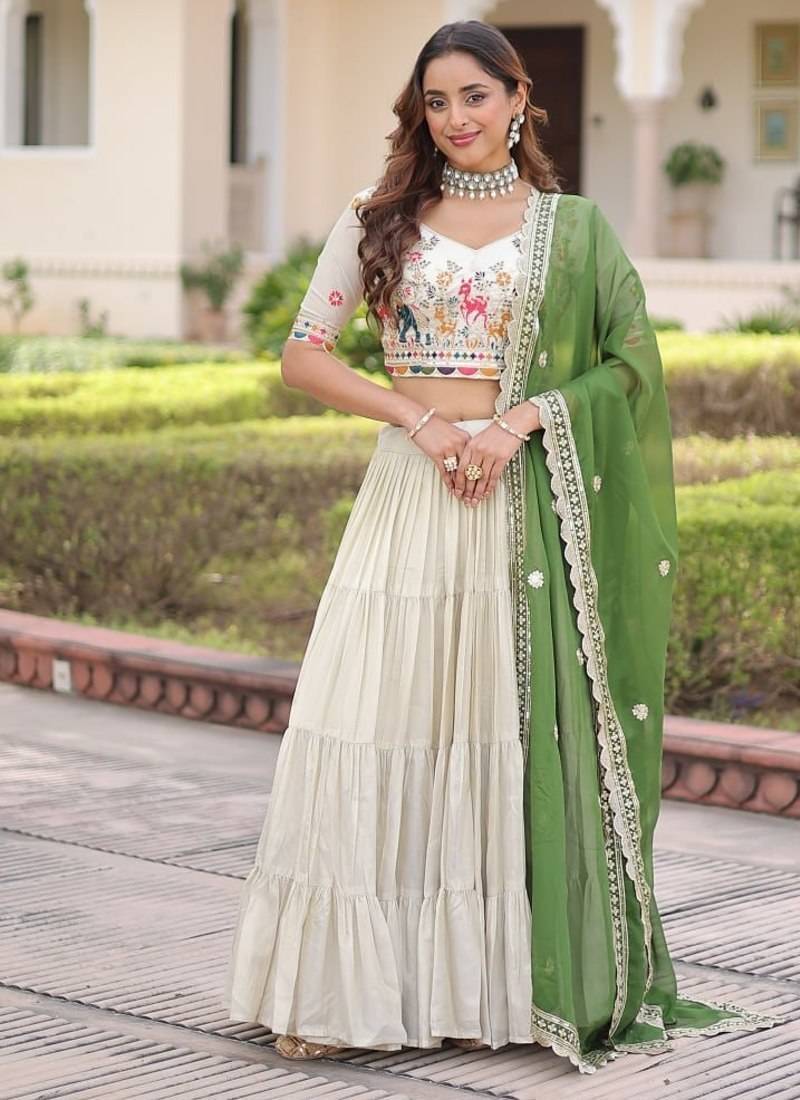 White Embroidery Zari Coding Sequins Work Lahenga Choli And Duptta