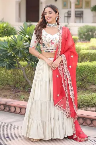 white cosmos silk lehenga choli with embroidered dupatta