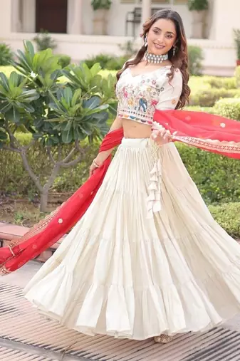 white cosmos silk lehenga choli with embroidered dupatta
