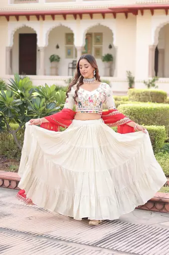 white cosmos silk lehenga choli with embroidered dupatta