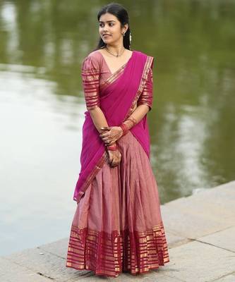 dusty rose pink kanjivaram silk half saree with gold zari work 1