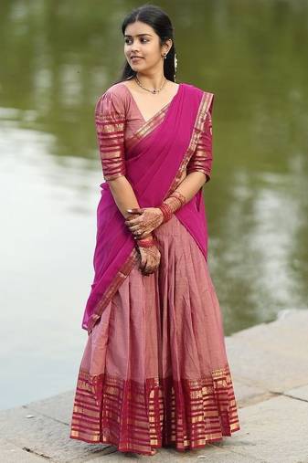 Dusty Rose Pink Kanjivaram Silk blend Half Saree with Traditional Gold Zari Weaving Work